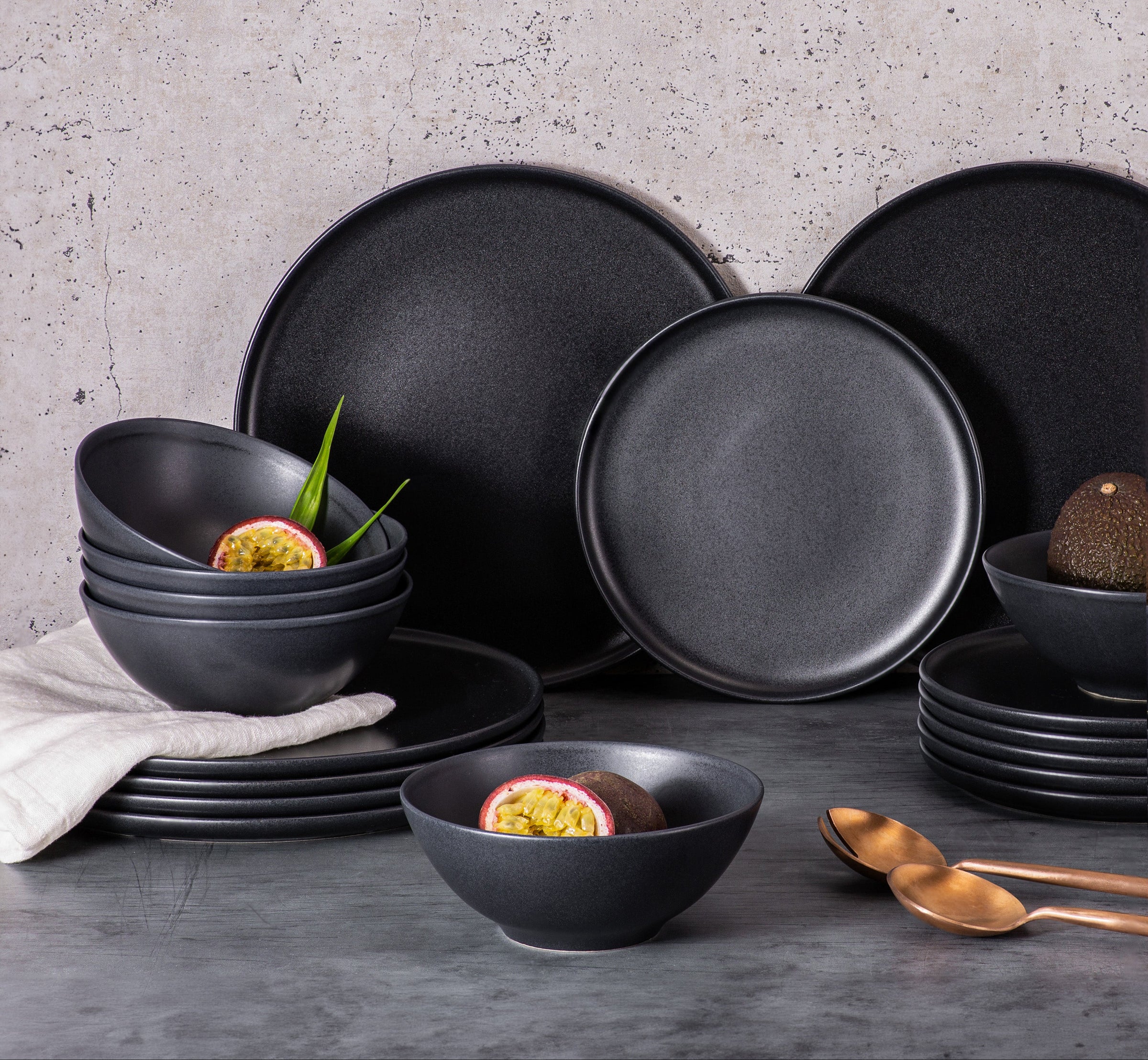 nortea Modernes skandinavisches Geschirr set, Steingut Geschirr set 6 Personen, schwarz matt teller set
