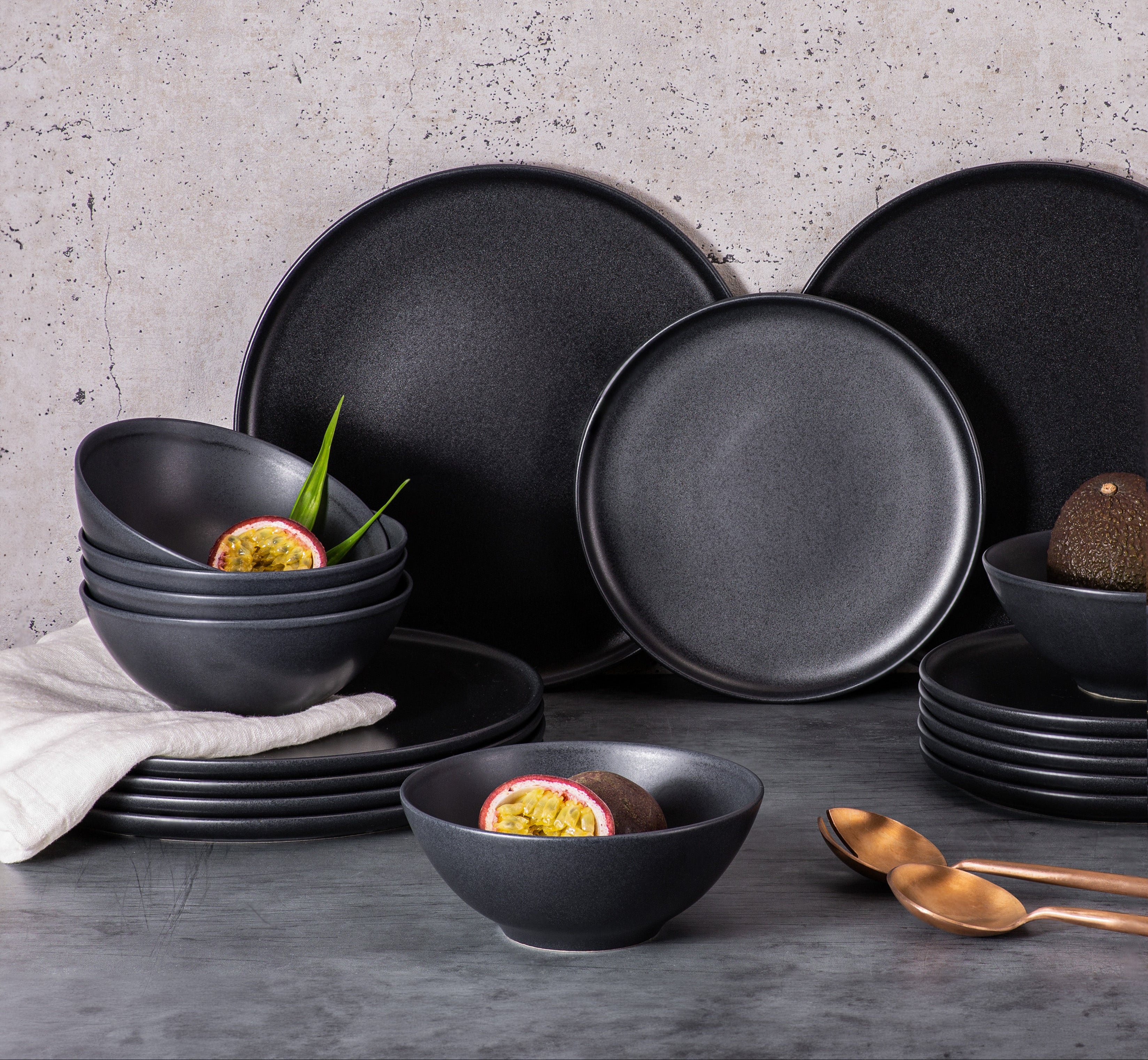 nortea Modernes skandinavisches Geschirr set, Steingut Geschirr set 6 Personen, schwarz matt teller set