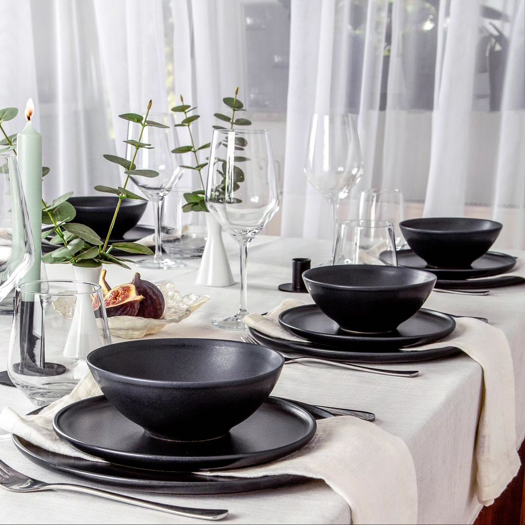 1. nortea Modernes skandinavisches Geschirr set, Steingut Geschirr set 6 Personen, schwarz matt teller set