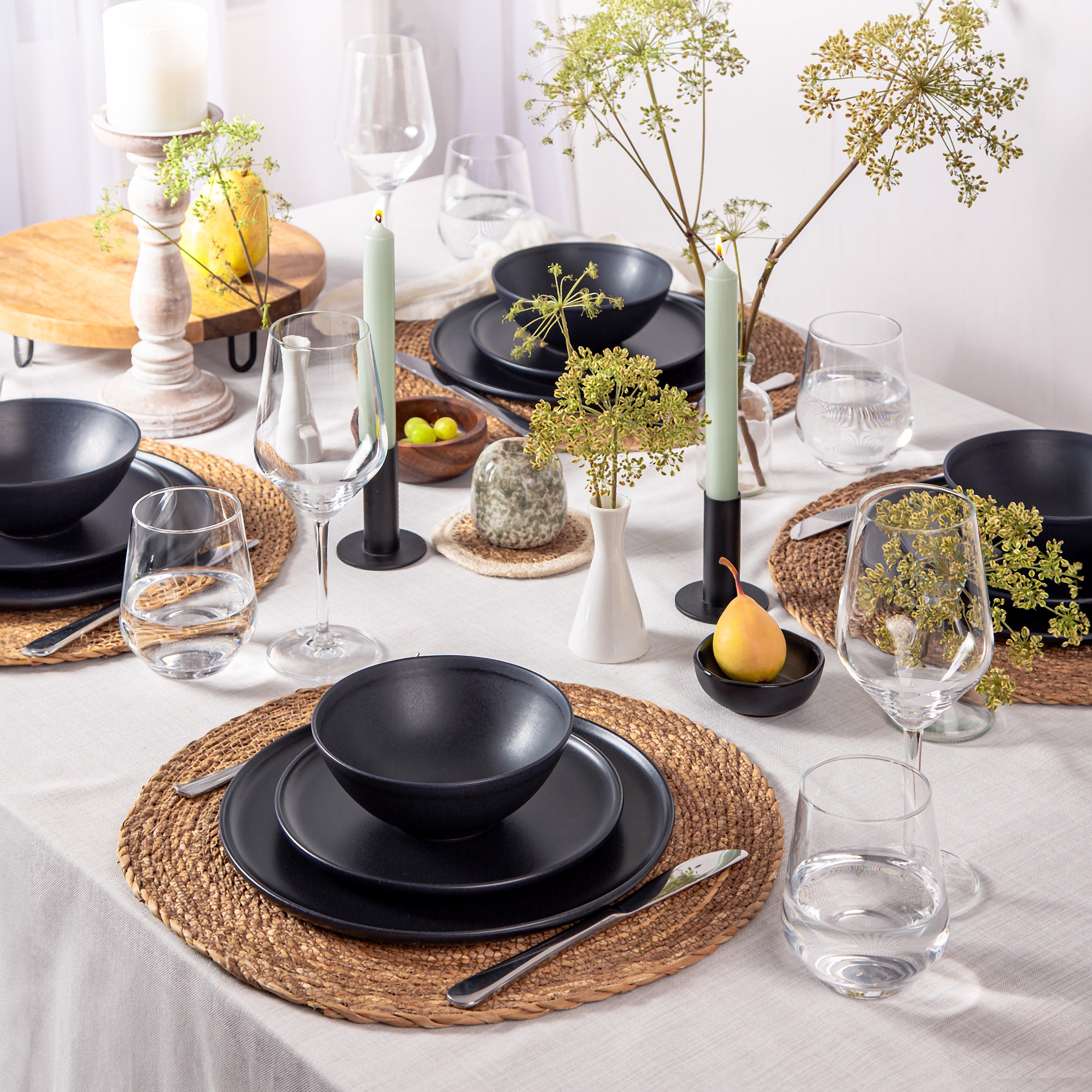 1. nortea Modernes skandinavisches Geschirr set, Steingut Geschirr set 6 Personen, schwarz matt teller set