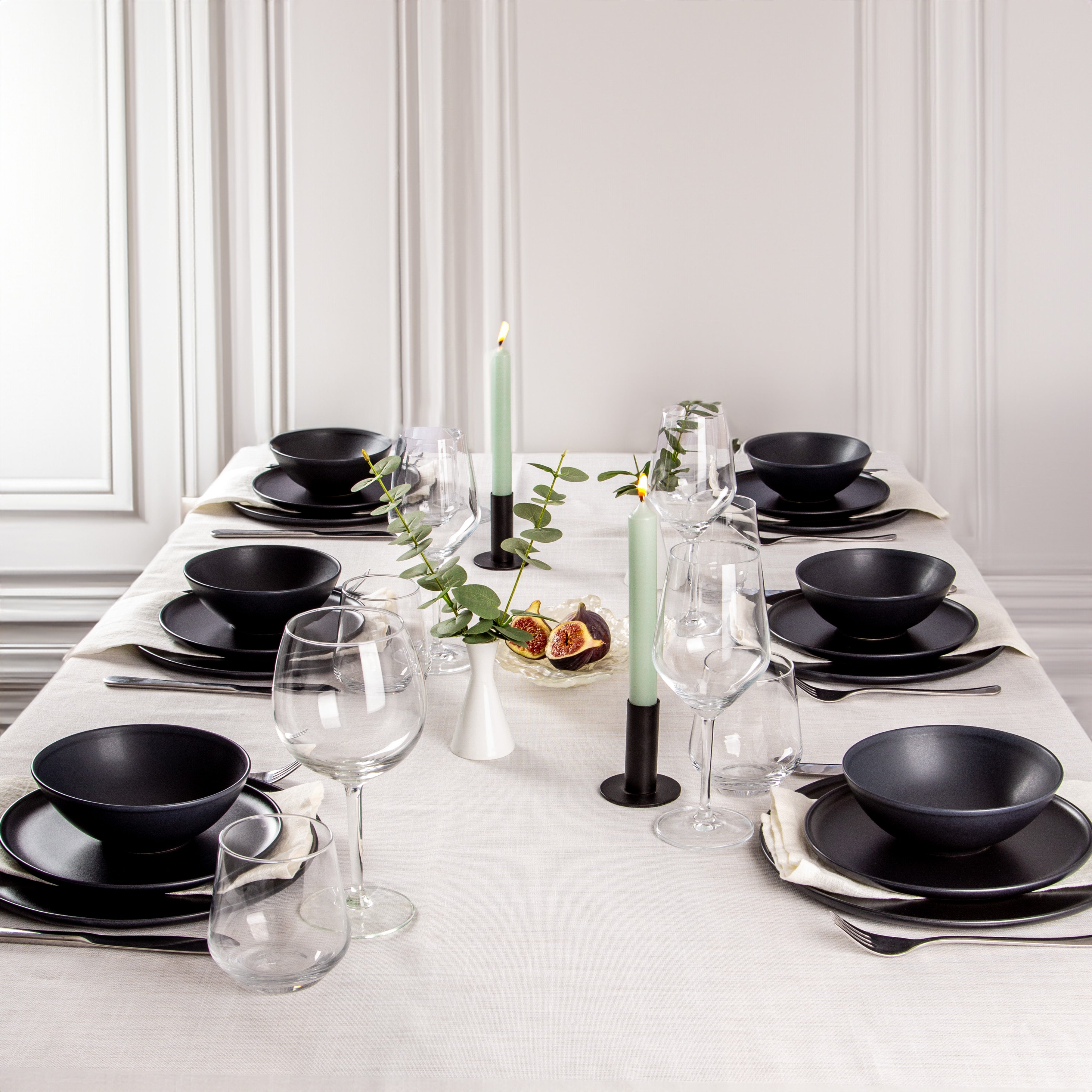 noreta Modernes skandinavisches Geschirr set, Steingut Geschirr set 6 Personen, schwarz matt