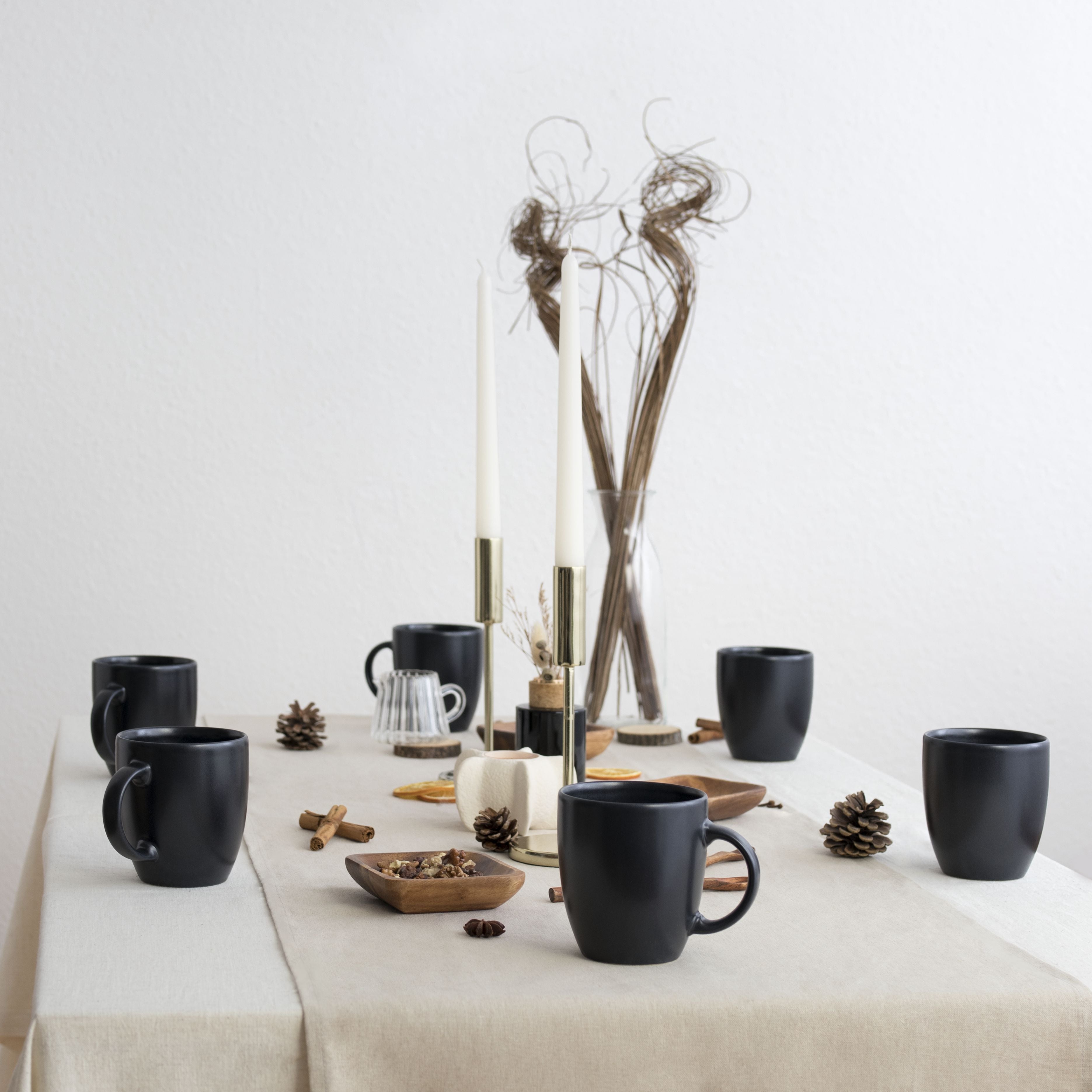 Nortea – Nachhaltiges Steingut Tassen Set, 6-teilig, 380 ml, Schwarz Matt – Nordisches Design Kaffeetassen Set 6er