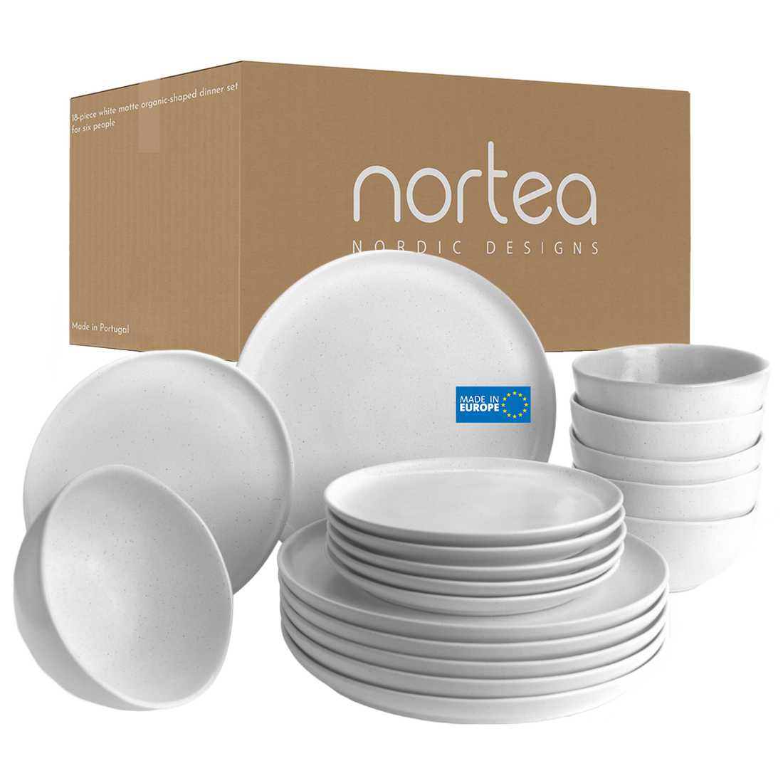 Nordisches Design skandinavisches geschirr, Geschirrset weiß matt, für 6 Personen, 18-tlg, mit organischen Formen, nachhaltig hergestellt in Portugal+ png+ packaging 