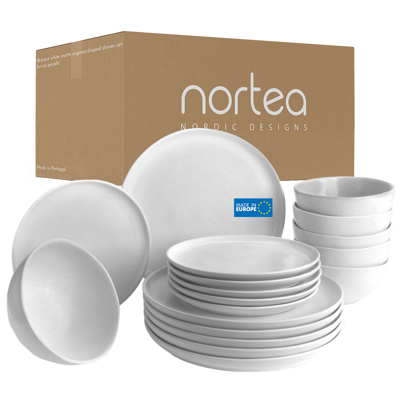 Nordisches Design skandinavisches geschirr, Geschirrset weiß matt, für 6 Personen, 18-tlg, mit organischen Formen, nachhaltig hergestellt in Portugal+ png+ packaging 