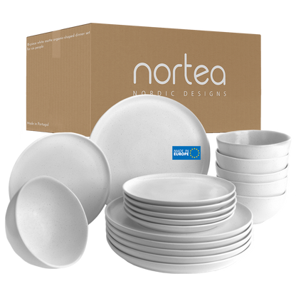 Nordisches Design skandinavisches geschirr, Geschirrset weiß matt, für 6 Personen, 18-tlg, mit organischen Formen, nachhaltig hergestellt in Portugal+ png+ packaging 